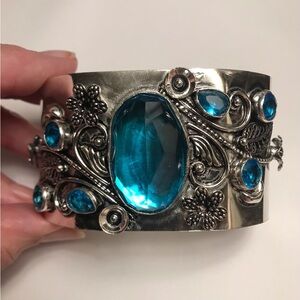 Blue Topaz Stamped Solid 925 Sterling Silver Cuff Bracelet